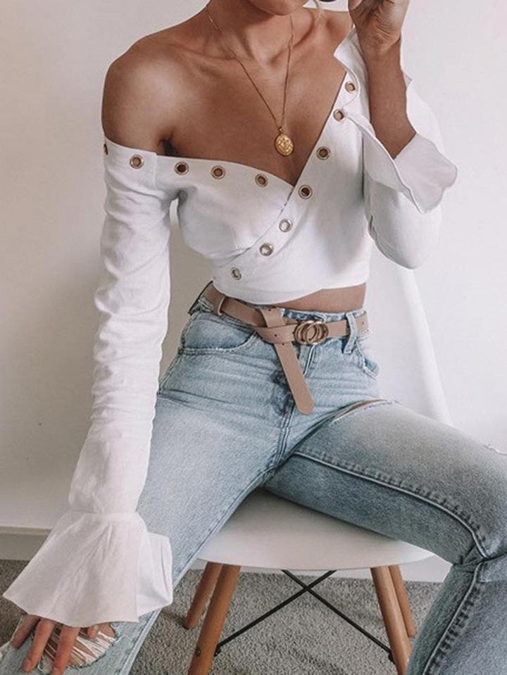 Choies White V-neck Eyelet Detail Flare Sleeve Women Blouse