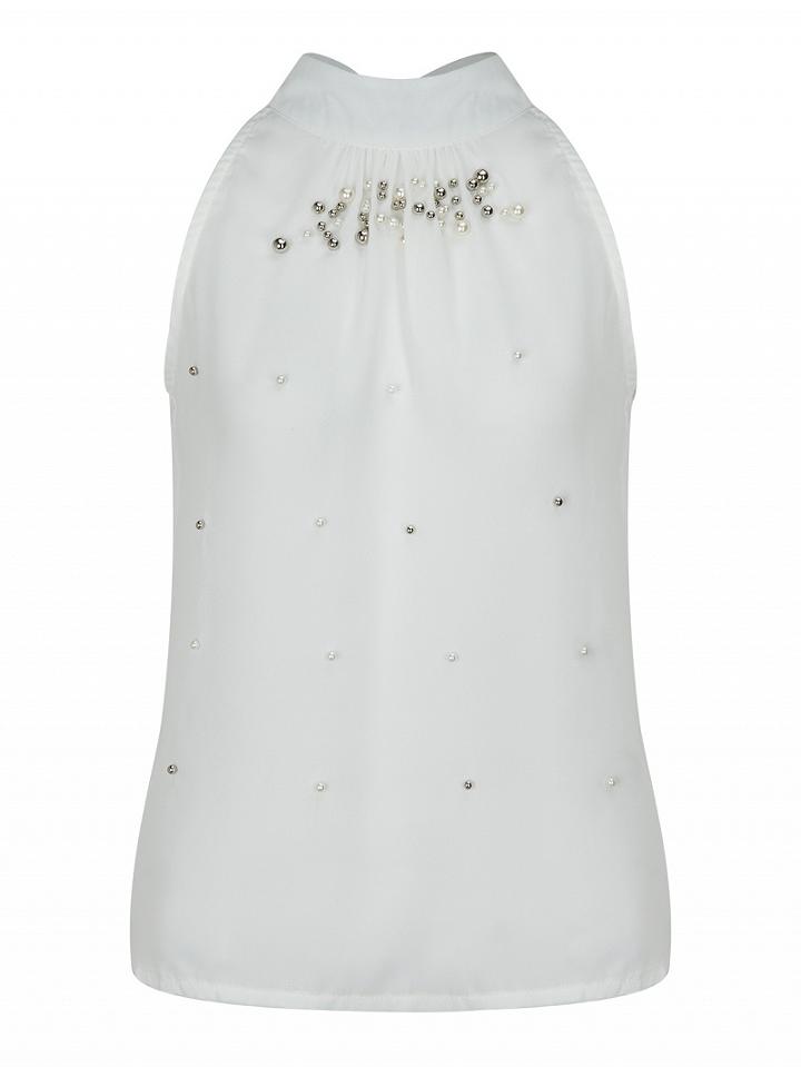 Choies White Halter Beads Embellished Tie Back Vest Top