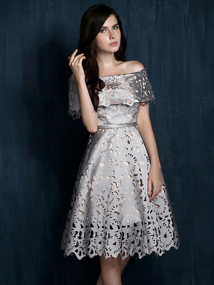Choies Silver Gray Laser Cut Fold Off Shoulder Prom Skater Dress