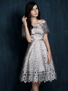 Choies Silver Gray Laser Cut Fold Off Shoulder Prom Skater Dress