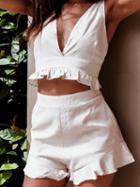 Choies White Cotton V-neck Chic Women Crop Top And High Waist Shorts