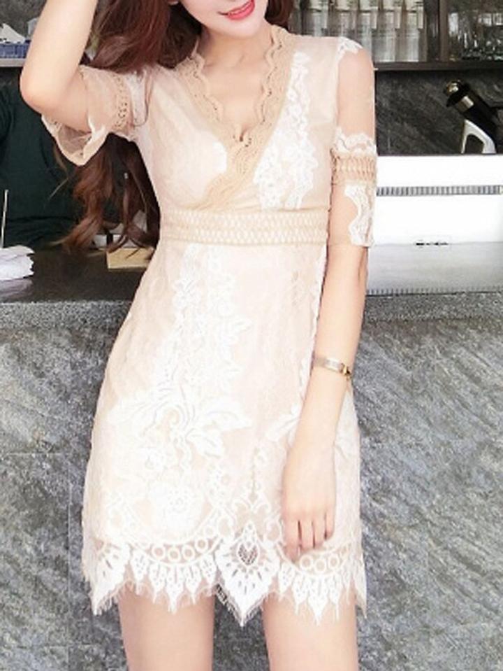 Choies Beige Plunge Scallop Edge Sheer Sleeve Lace Overlay Mini Dress