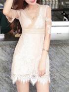 Choies Beige Plunge Scallop Edge Sheer Sleeve Lace Overlay Mini Dress