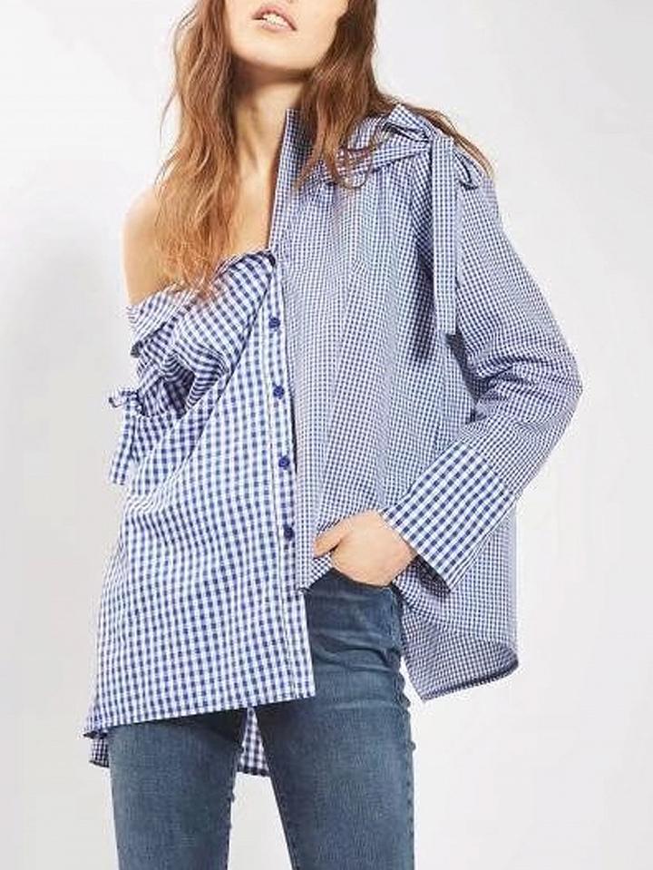 Choies Blue Mixed Gingham One Shoulder Asymmetric Hem Shirt