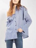 Choies Blue Mixed Gingham One Shoulder Asymmetric Hem Shirt