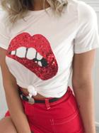 Choies White Cotton Crew Neck Lip Sequin Detail Chic Women T-shirt