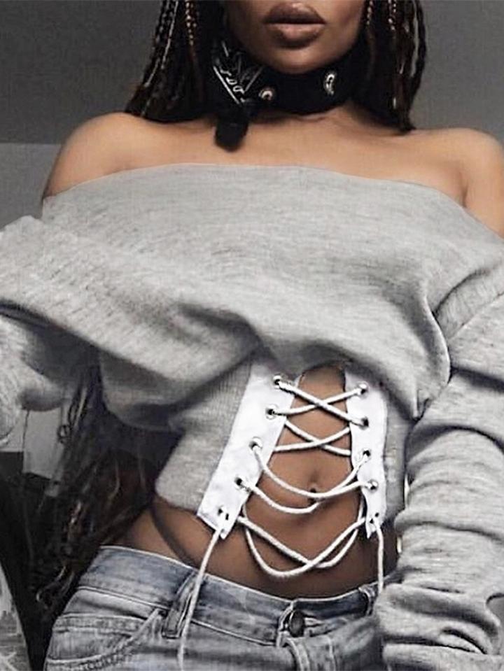 Choies Gray Lace Up Front Long Sleeve Cropped Sweatshirt