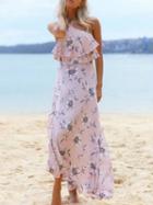 Choies Pink Halter Layer Ruffle Floral Print Split Maxi Dress