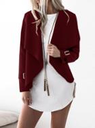Choies Burgundy Wide Lapel Open Front Buckle Cuff Wool Blend Coat
