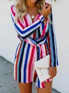 Choies Polychrome Stripe Plunge Knot Front Long Sleeve Mini Dress