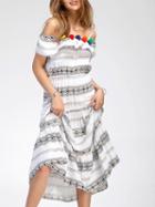 Choies White Contrast Off Shoulder Pom Pom Detail Midi Dress