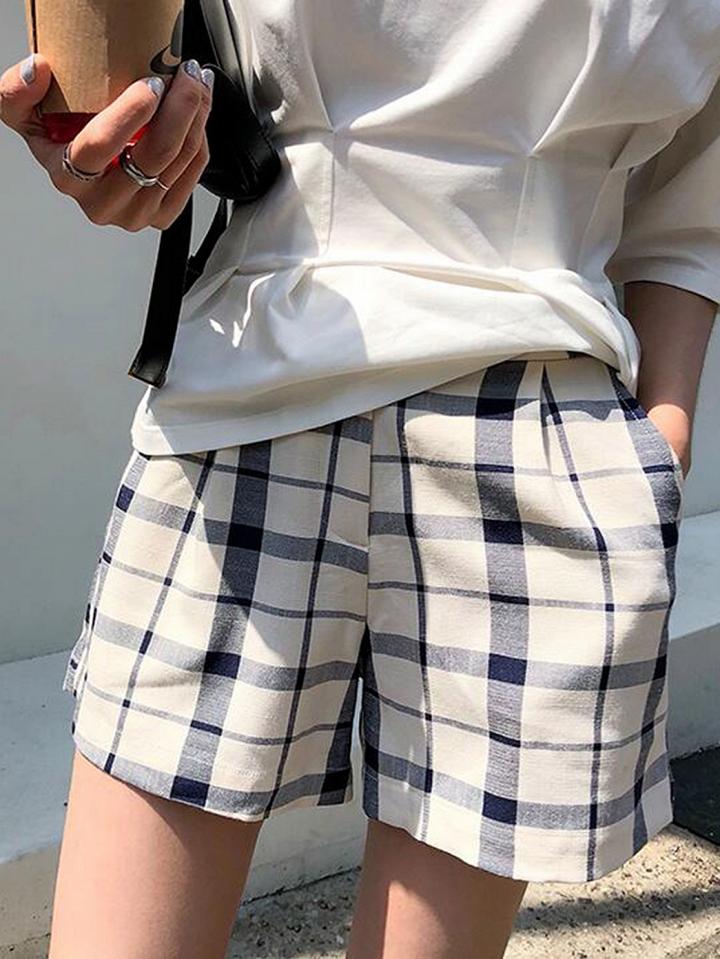Choies Beige Plaid High Waist Chic Women Shorts