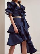 Choies Dark Blue Chiffon V-neck Ruffle Trim Chic Women Crop Blouse