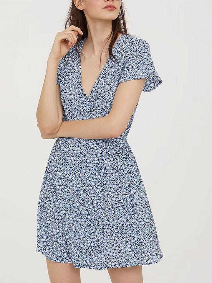 Choies Blue V-neck Floral Print Tie Waist Mini Dress