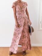 Choies Pink V Neck Floral Print Wrap Tie Waist Maxi Dress