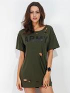 Choies Army Green Letter Print Ripped Short Sleeve Mini T-shirt Dress