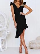 Choies Black V-neck Ruffle Trim Asymmetric Hem Sleeveless Bodycon Dress