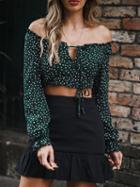 Choies Dark Green Chiffon Off Shoulder Polka Dot Print Chic Women Crop Blouse