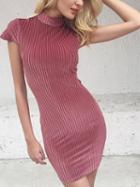 Choies Pink Ribbed High Neck Lace Up Back Bodycon Mini Dress