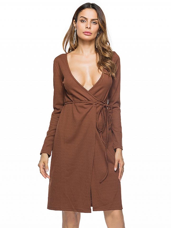 Choies Brown Plunge Tie Waist Long Sleeve Knitted Dress