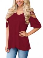 Choies Burgundy Cold Shoulder Lace Up Side Flare Sleeve T-shirt