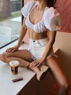 Choies White Cotton Lace Up Back Puff Sleeve Chic Women Crop Top