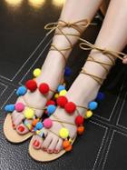 Choies Multicolor Pom Pom Tie Leg Flat Sandals