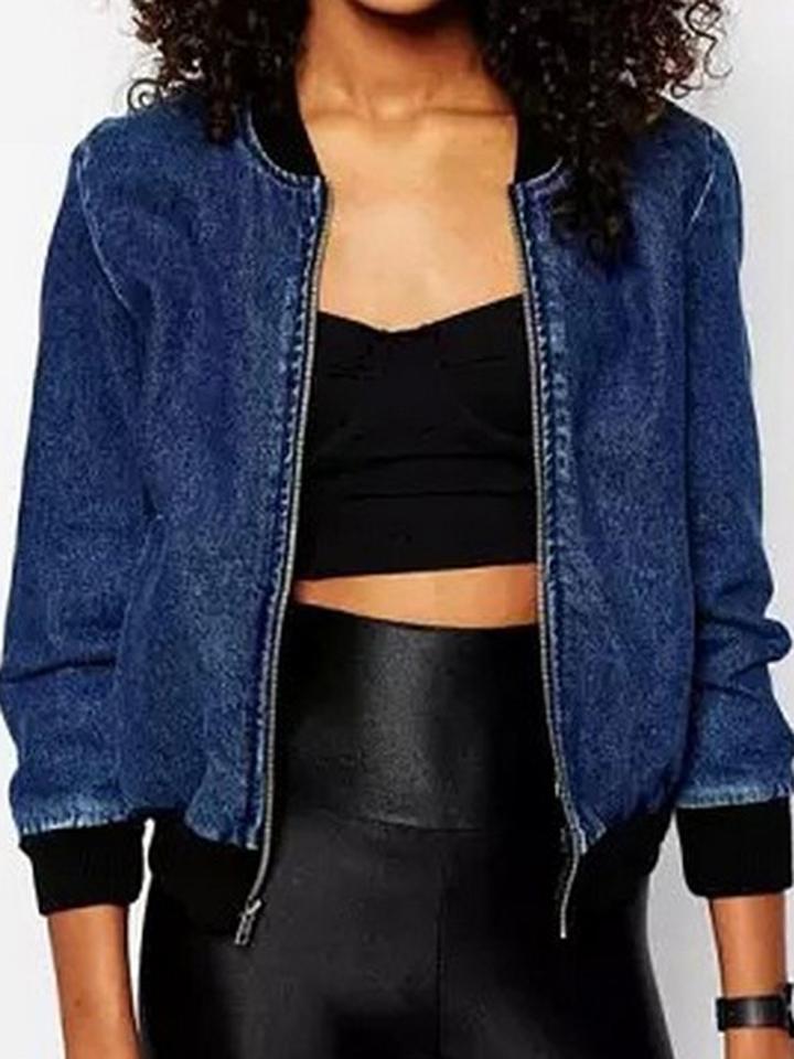Choies Blue Zip Up Long Sleeve Denim Bomber Jacket