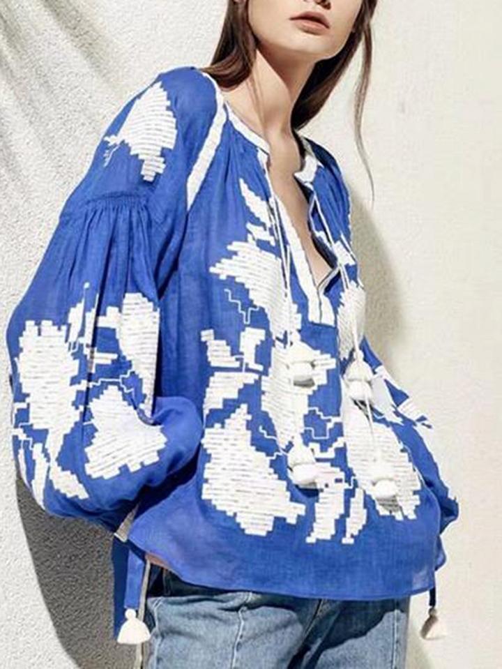Choies Blue Tassel Tie Embroidery Detail Puff Sleeve Blouse