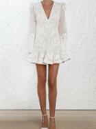 Choies White V-neck Embroidery Detail Fishtail Hem Chic Women Mini Dress
