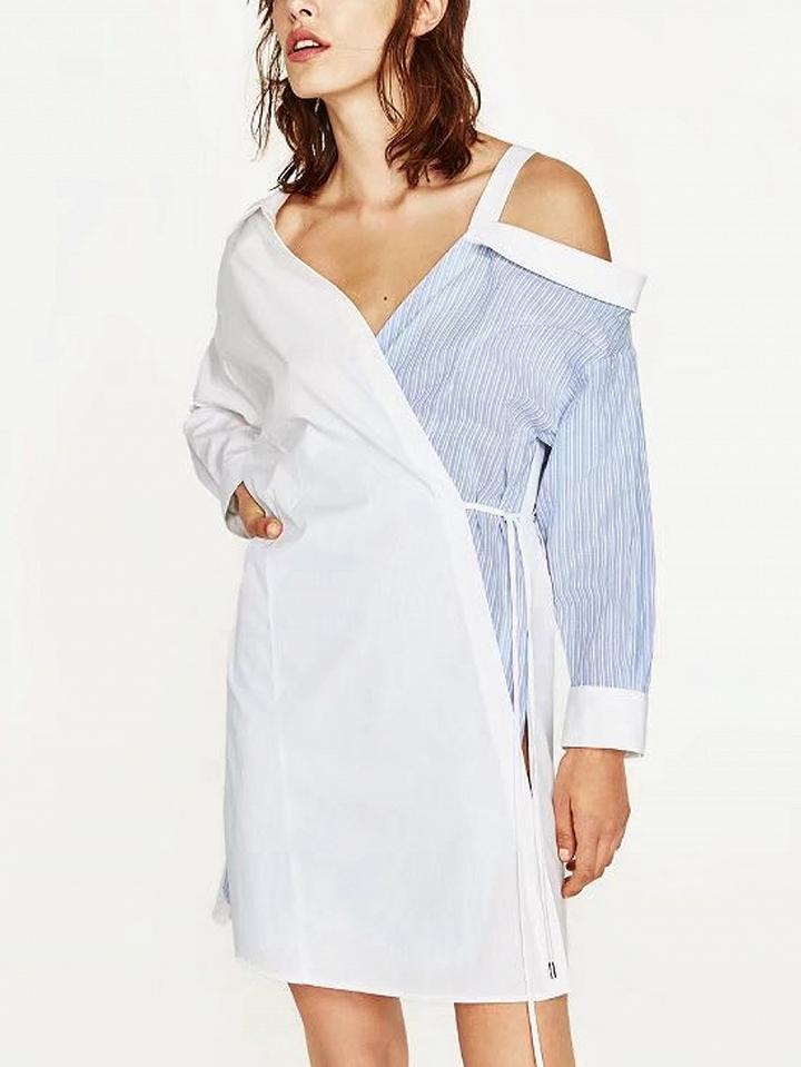 Choies Color Block Cold Shoulder V-neck Tie Side Long Sleeve Shirt Dress