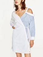 Choies Color Block Cold Shoulder V-neck Tie Side Long Sleeve Shirt Dress