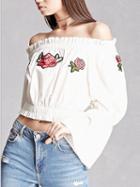 Choies White Off Shoulder Floral Embroidery Flare Sleeve Crop Blouse