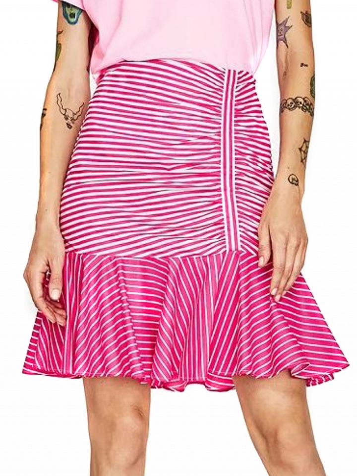 Choies Pink Stripe High Waist Ruched Detail Contrast Ruffle Hem Skirt