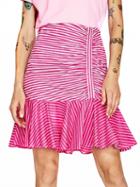 Choies Pink Stripe High Waist Ruched Detail Contrast Ruffle Hem Skirt