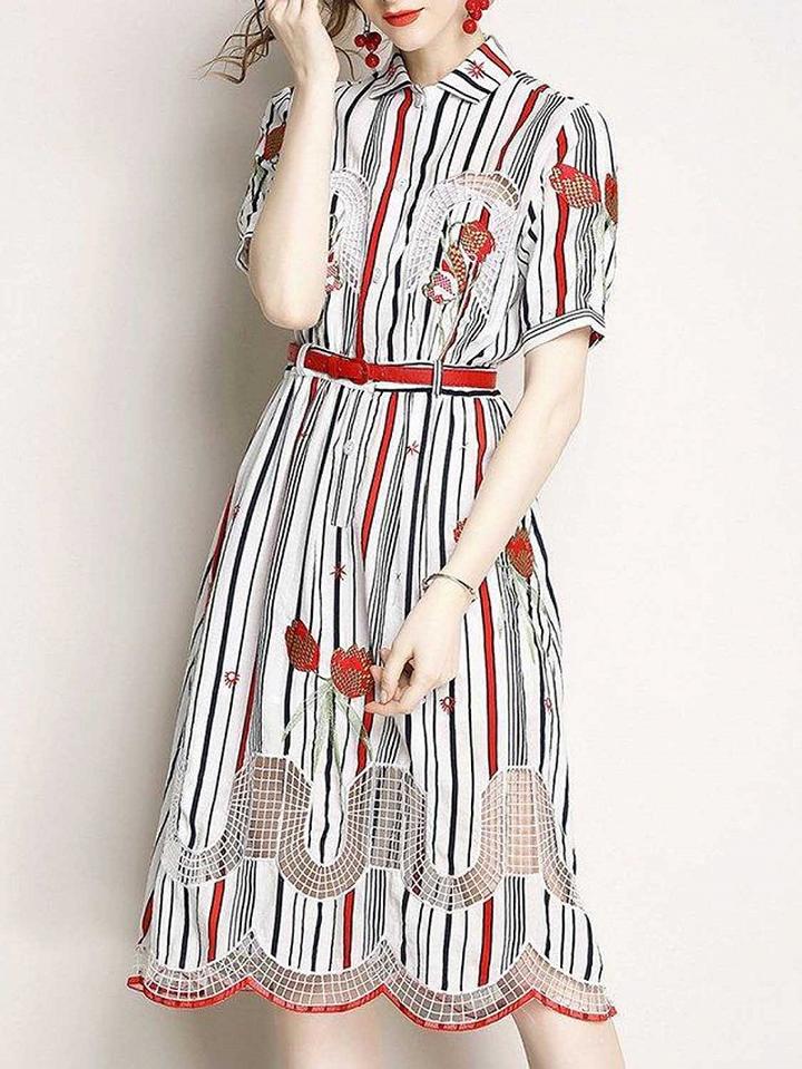 Choies Multicolor Stripe Lapel Neck Embroidery Floral Chic Women Midi Dress