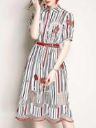 Choies Multicolor Stripe Lapel Neck Embroidery Floral Chic Women Midi Dress