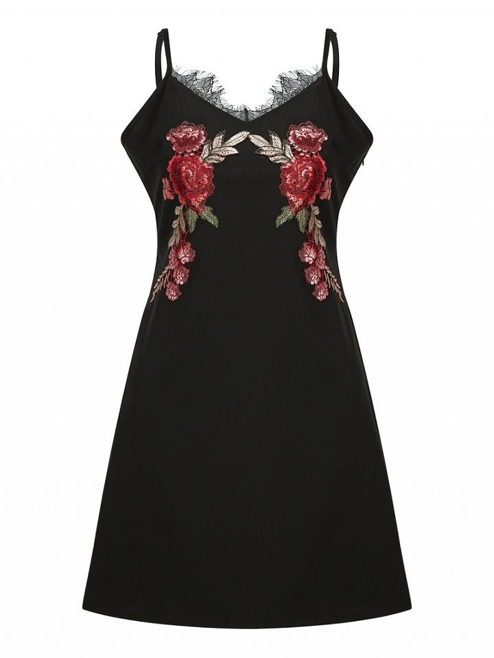 Choies Black Floral Embroidery Lace Trim Cami Dress