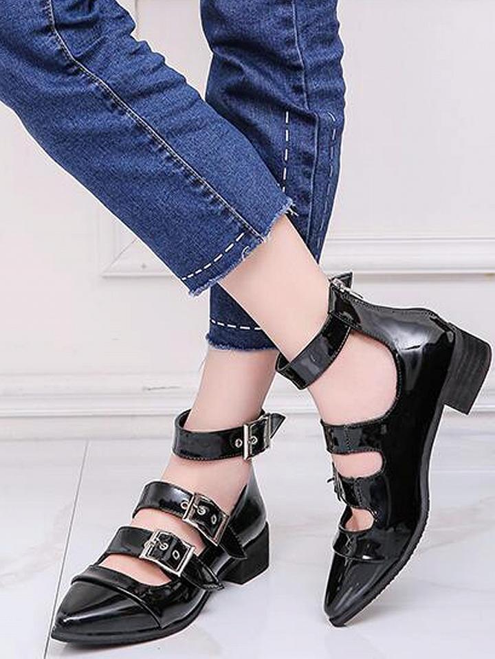 Choies Black Buckle Strap Pointed Toe Ankle Shoes
