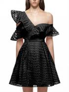 Choies Black Cutwork Lace Asymmetric Frill Skater Dress