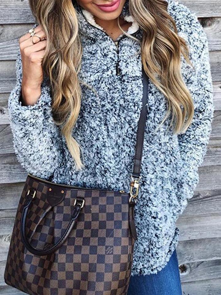 Choies Royal Blue High Neck Long Sleeve Women Fluffy Sweatshirt