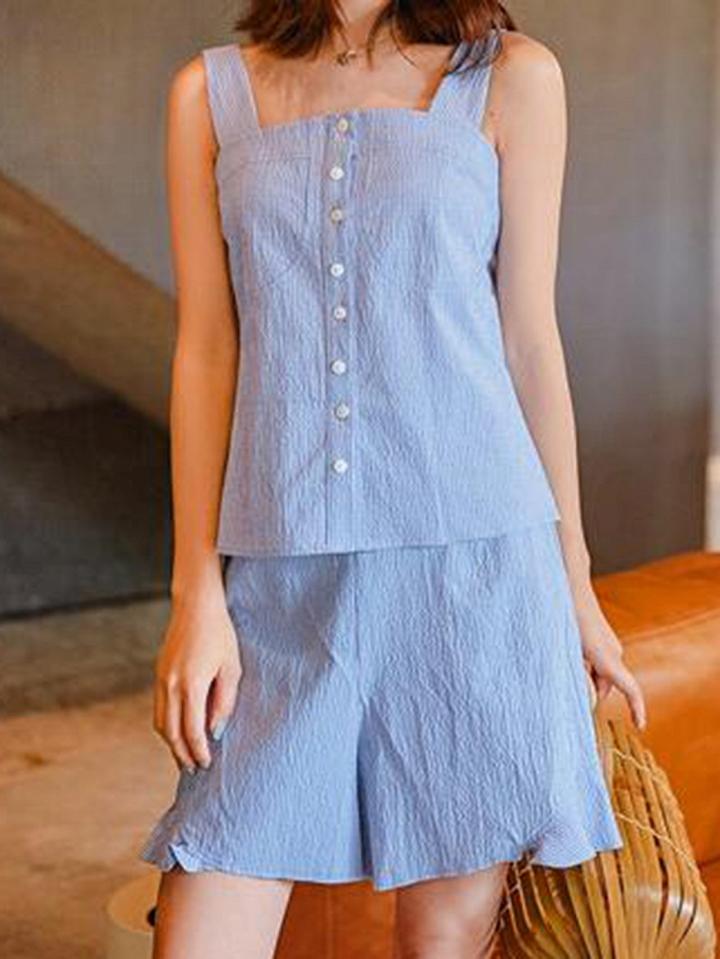 Choies Blue Cotton Blend Tie Waist Chic Women Cami Top And High Waist Shorts