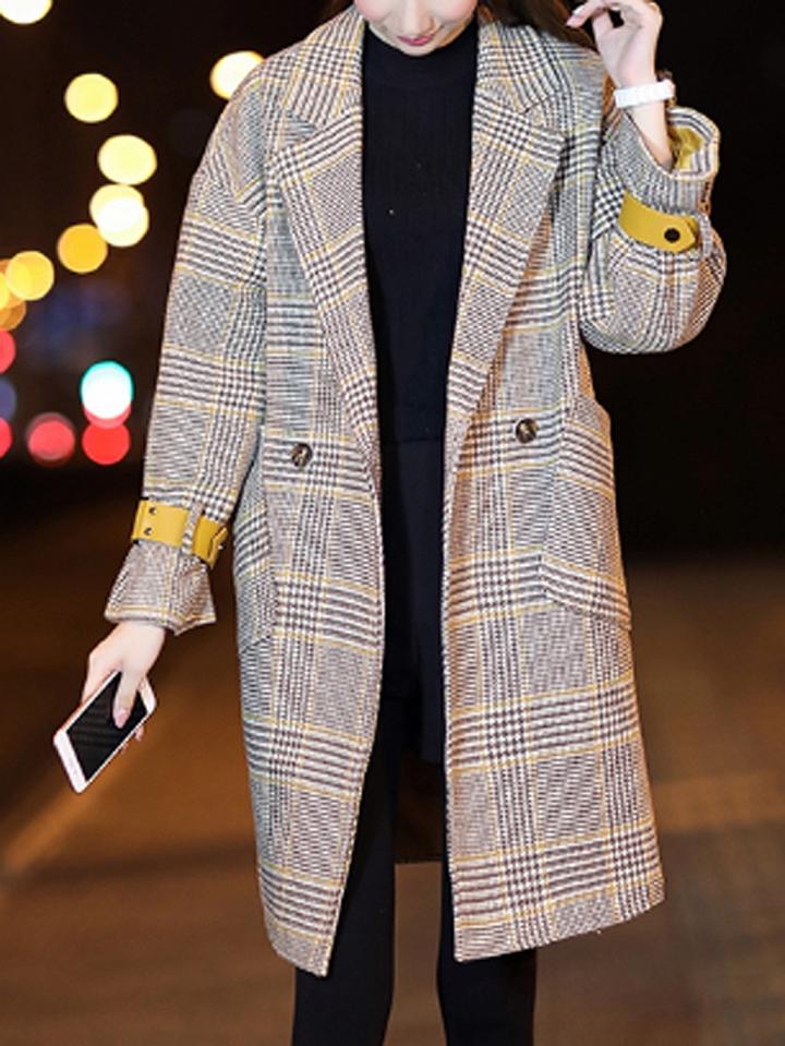 Choies Yellow Plaid Lapel Wool Blend Coat