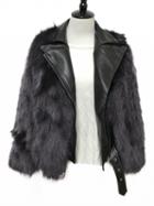 Choies Light Gray Pu Paneled Lapel Long Sleeve Faux Fur Jacket
