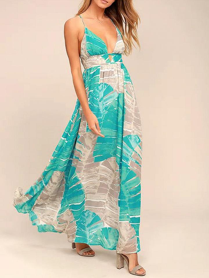 Choies Blue Spaghetti Strap Plunge Print Detail Open Back Maxi Dress