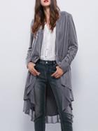 Choies Gray Velvet Open Front Ruffle Hem Long Sleeve Coat