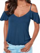 Choies Navy Cold Shoulder Cross Strappy Back Ruffle Sleeve Cami Top