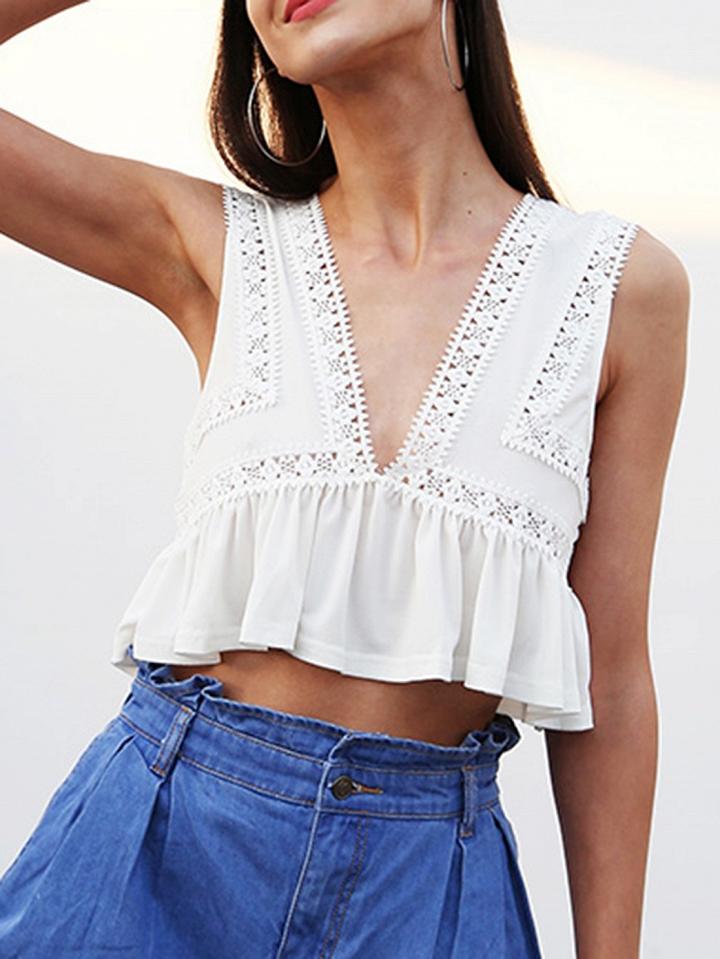 Choies White V-neck Cut Out Detail Ruffle Hem Open Back Crop Tank Top