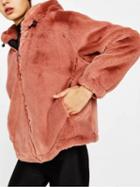 Choies Pink Zip Front Long Sleeve Faux Fur Hooded Coat