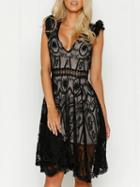 Choies Black Plunge Cut Out Open Back Embroidery Lace Dress